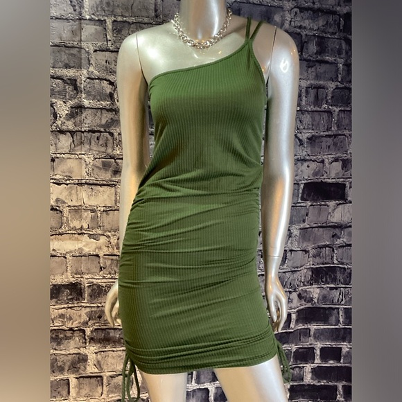 Olive Green 1 Shoulder Mini Summer Bodycon Dress - Picture 5 of 8